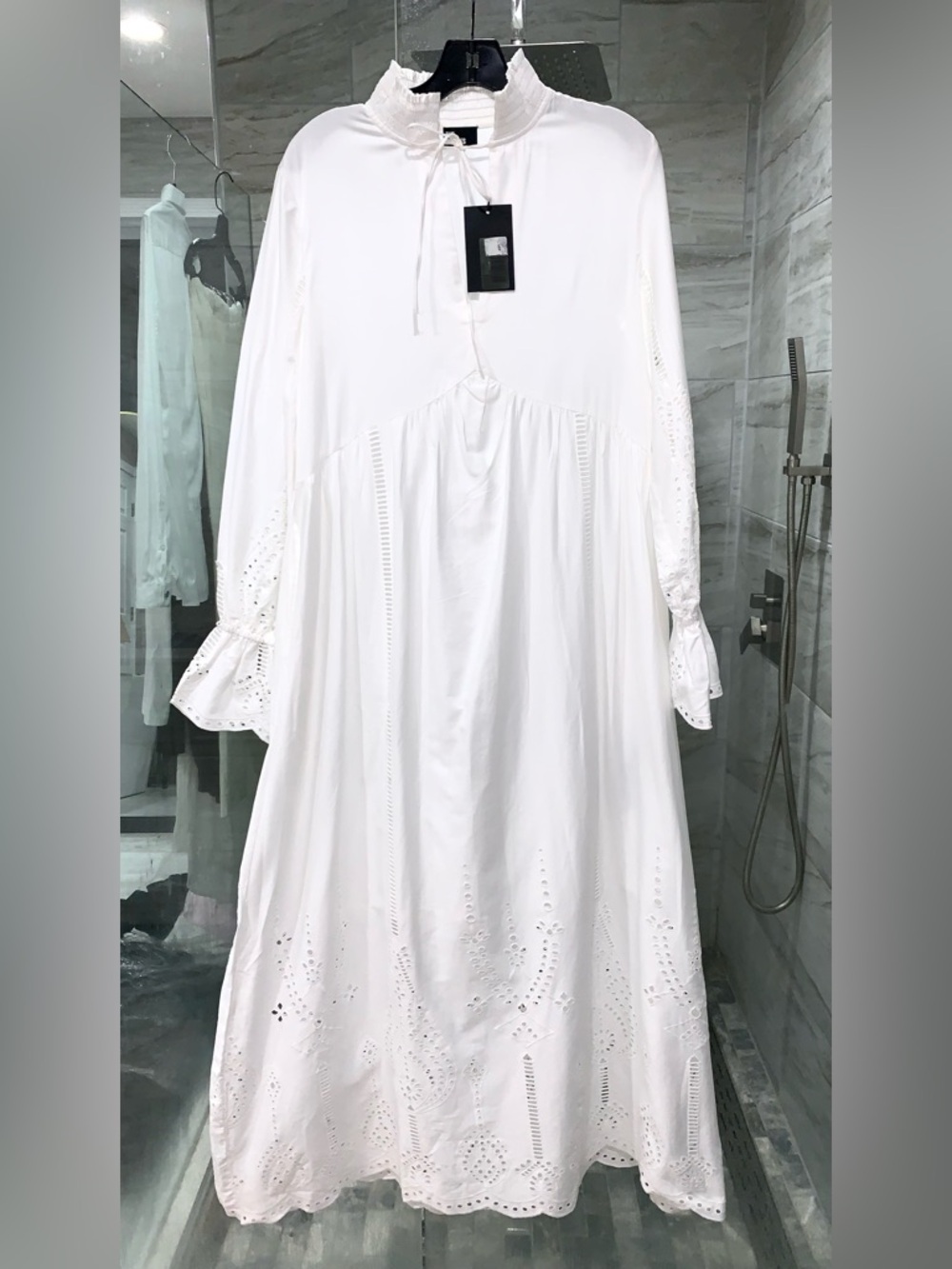 The KOOPLES $495 NWT White Long Dress With Broderie Anglaise, Size EU 2/US M.